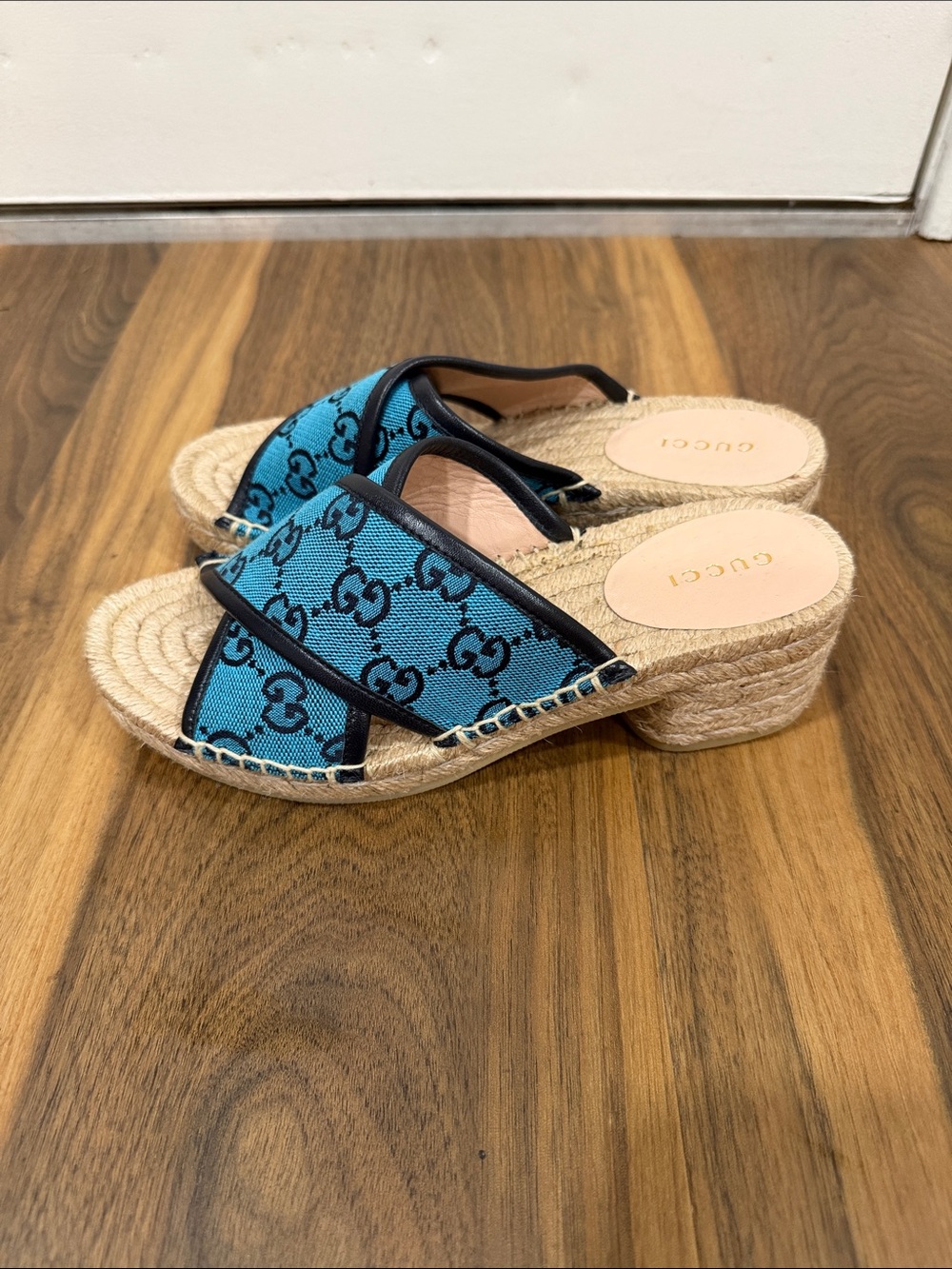 Gucci Teal GG Canvas Espadrille Wedge Slides